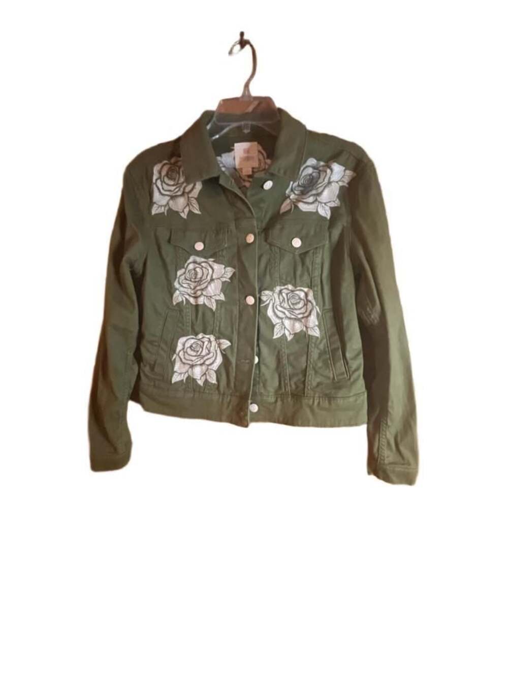 LuLaRoe Olive Green Denim Jacket with White Embroidered Roses,Size Small